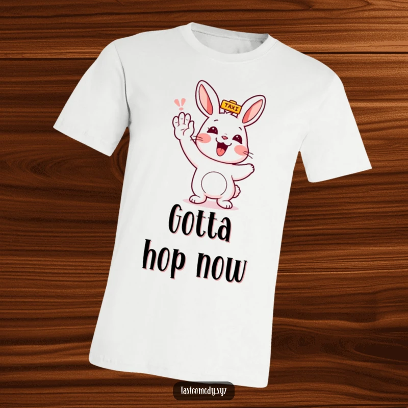 Funny rabbit character excitedly hailing a taxi with a raised paw, showcasing its funny eagerness for a ride.