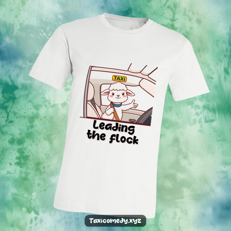 Funny T-Shirt showcasing a cheerful sheep giving directions from a taxi, a scene of helpful and humorous guidance.