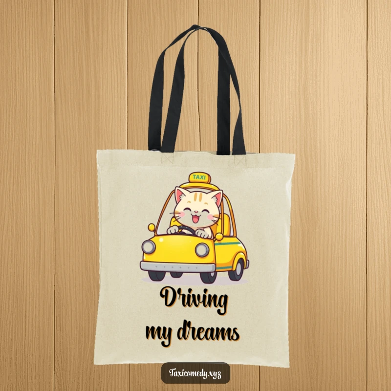 Funny Cat Tote Bag: A happy cat drives a yellow open-top taxi, great for carrying items.