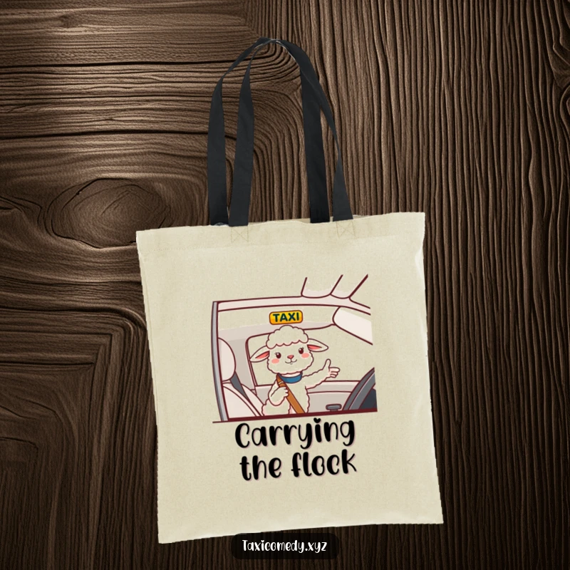 Funny Tote Bag featuring a cheerful sheep giving directions from a taxi, a stylishly humorous carry-all.