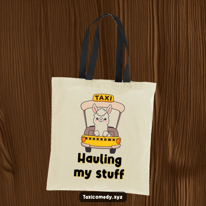 Funny tote bag with a cheerful llama character riding in a taxi and looking out the window, perfect for carrying essentials.